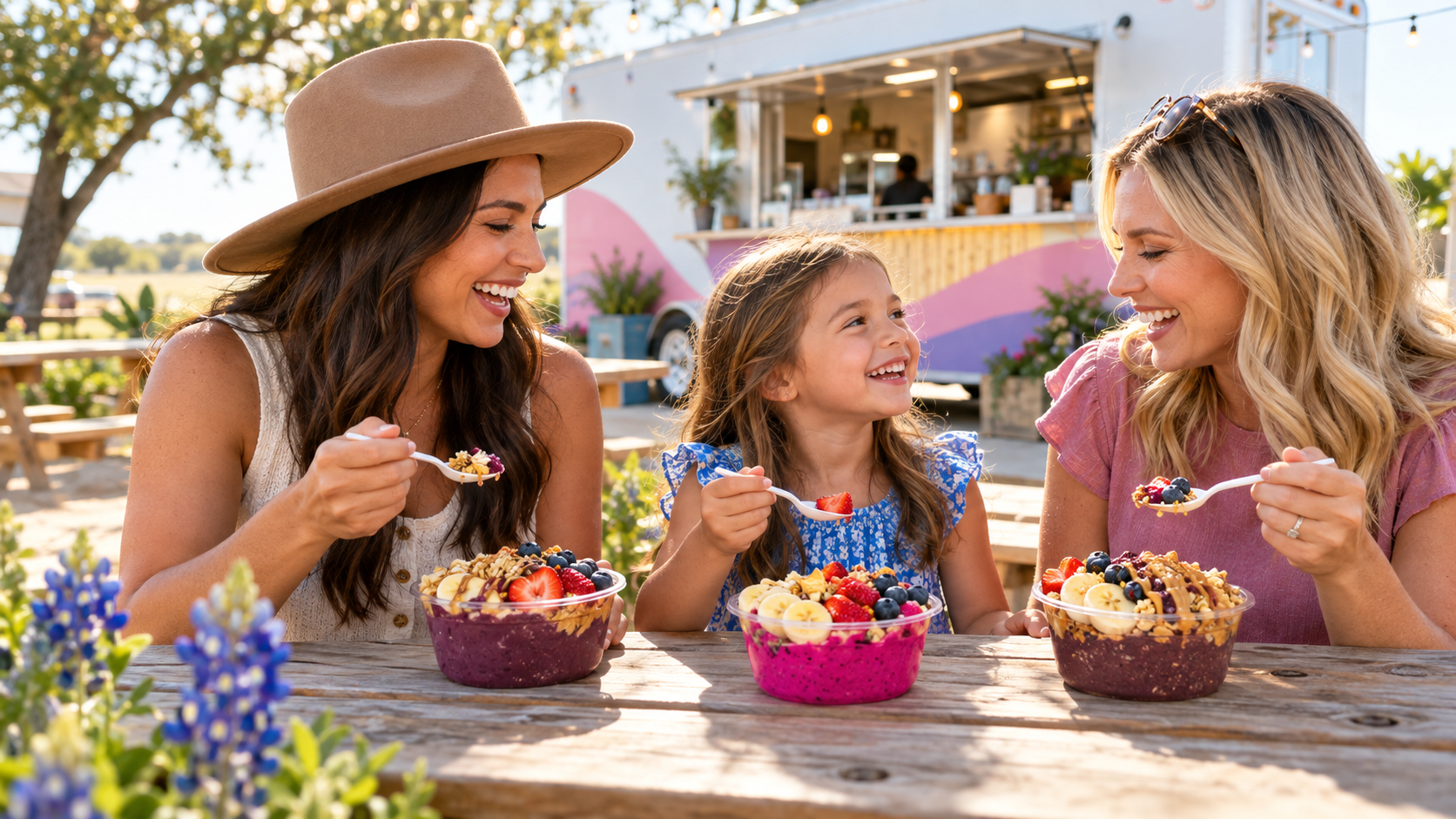 Friends and a child enjoying berry bowls together outside a food trailer